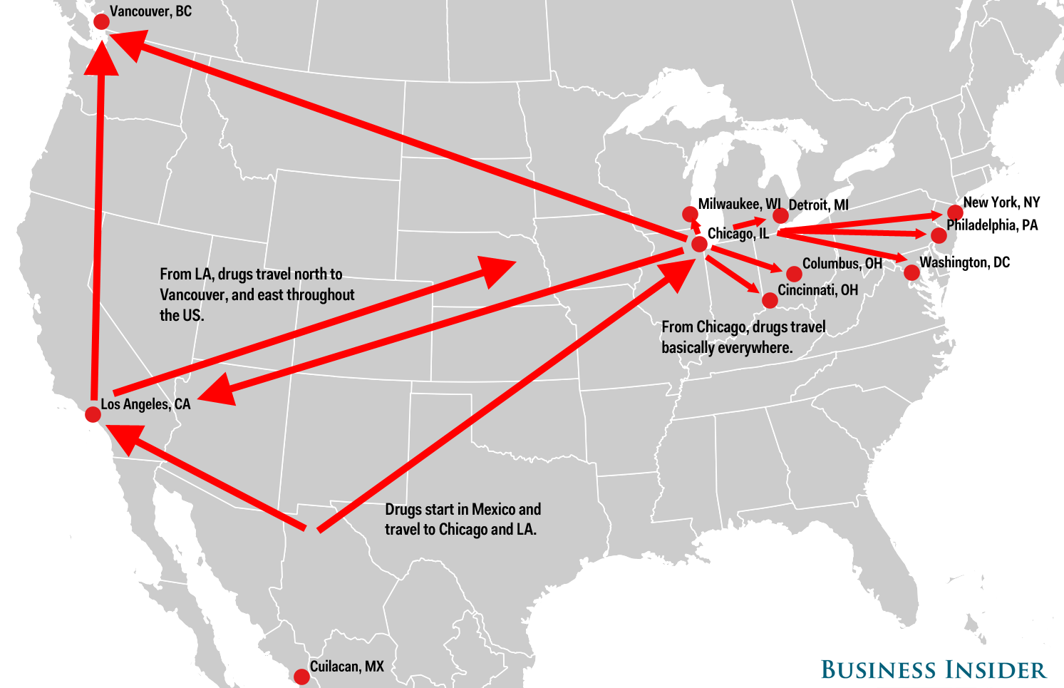 Карта на доставките на дрога в САЩ от картелите